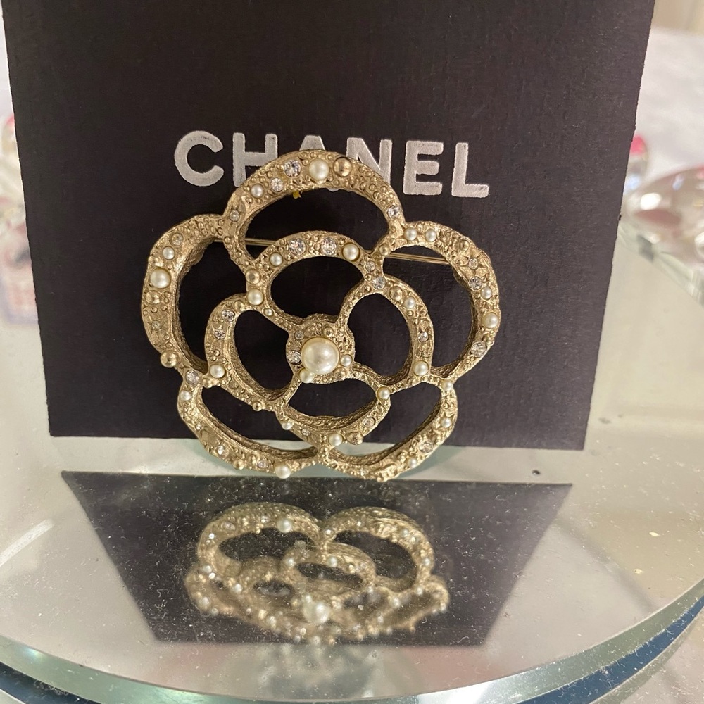 Chanel Brooch Camellia  Pearl Rhinestone Gold